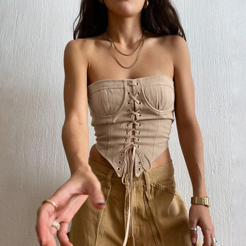 Women's One-line Shoulder Slim-fit Chest Strap Rope Lace-up Top