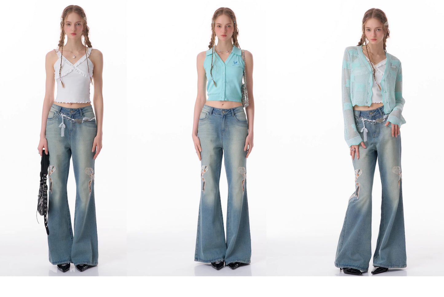 High Waist Bow Patch Wide Leg Straight Jeans