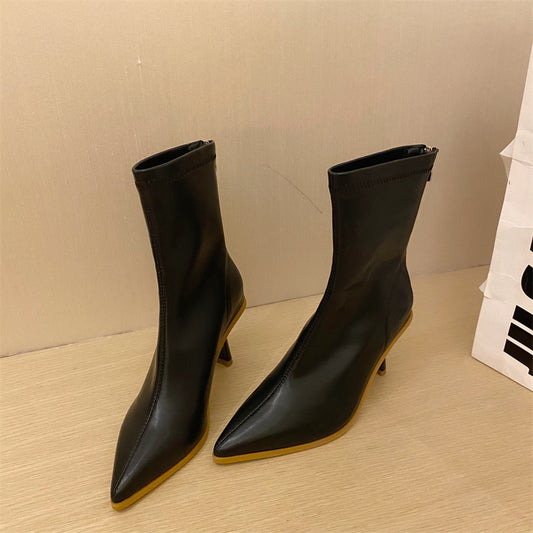Women's Soft Leather Martin Boots With Stiletto Pointed Toe And High Heel Zipper