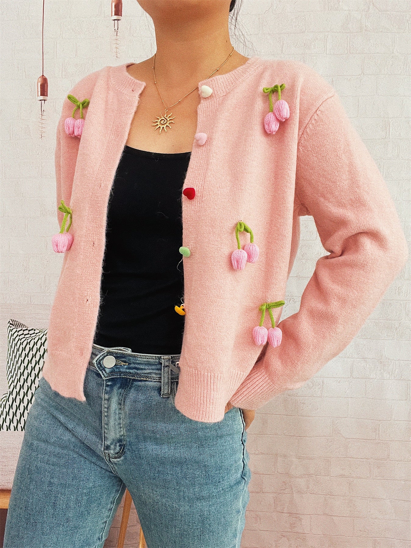 Three-dimensional Decoration Flower Cute Style Knit Casual Valentine's Day Sweater