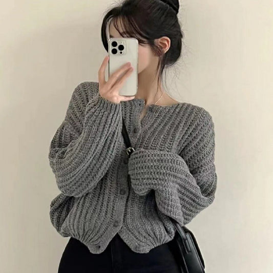 Lazy Solid Color Top Women's Sweater Coat Loose Round Neck Single Breasted