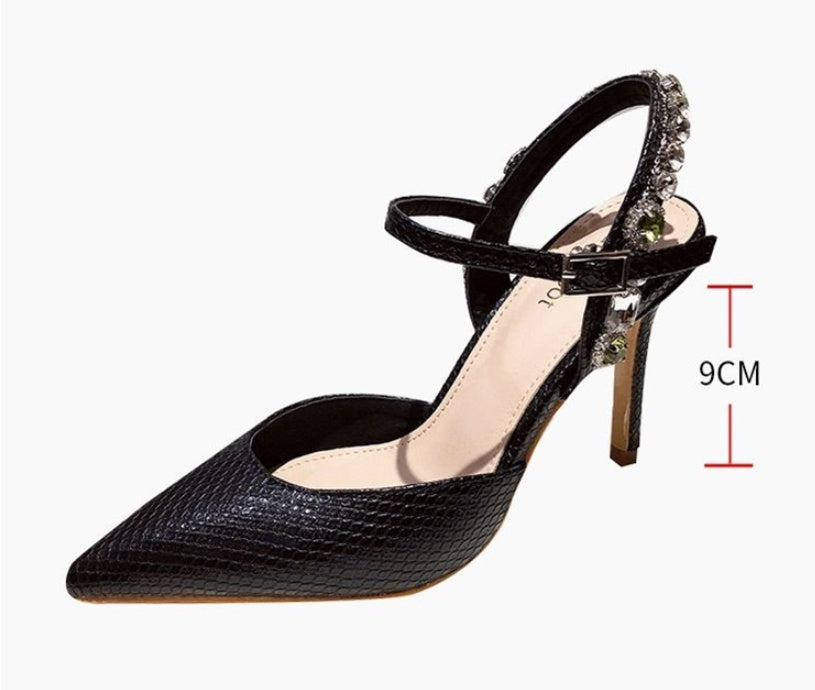 Pointed Toe Sandals Fashion Stiletto Heel Rhinestone Snake Pattern