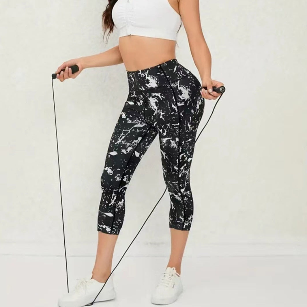 Bukser, maveindsnørende, hofteløftende yogatræning, bar fornemmelse, stramme leggings med print