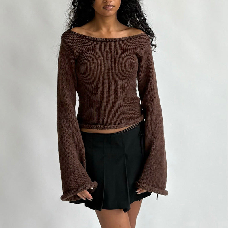 New Solid Color Slim-fit Bell Sleeve T-shirt With Boat Neck