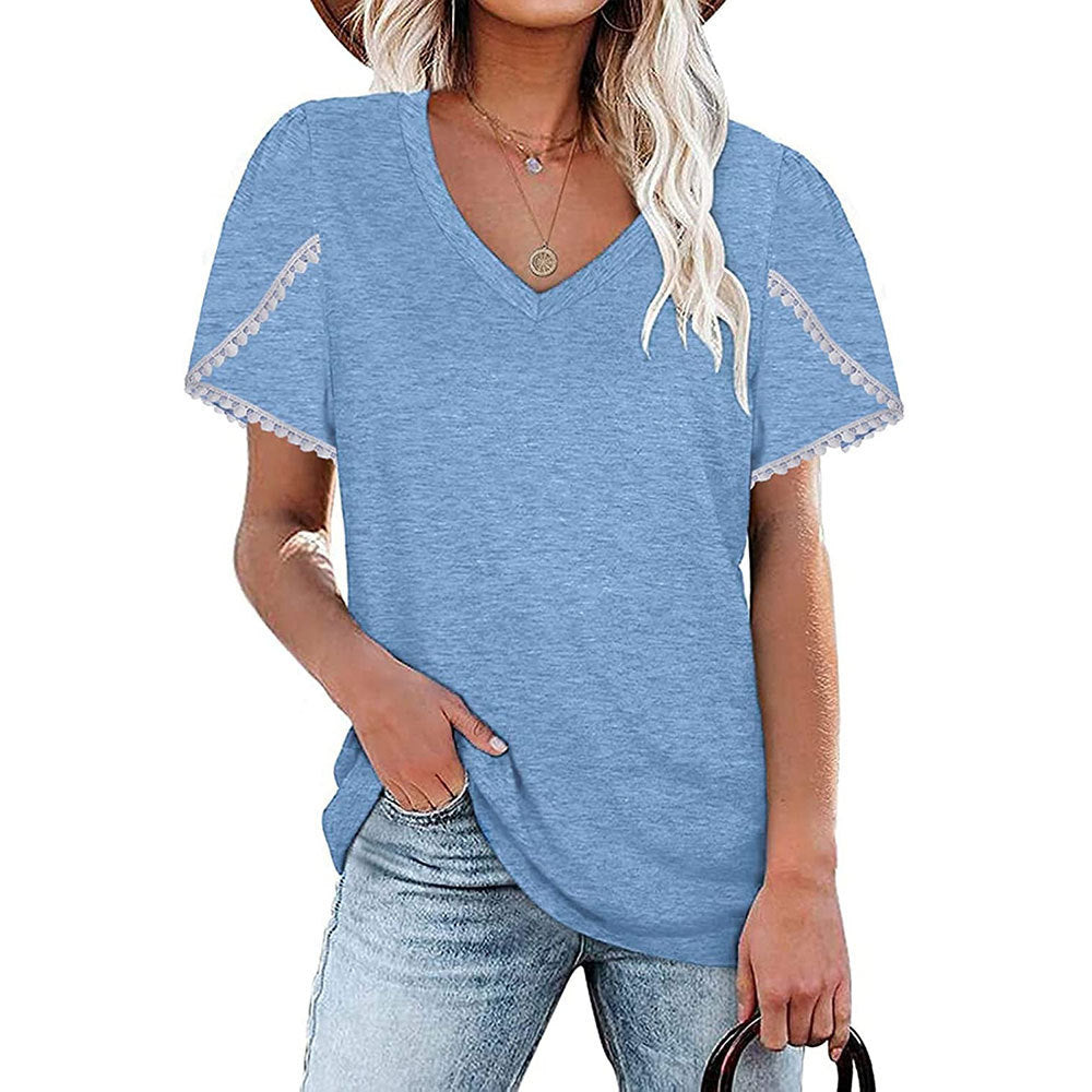 V-neck Lace Short-sleeved Shirt Loose Color Cotton Petal-sleeved T-shirt