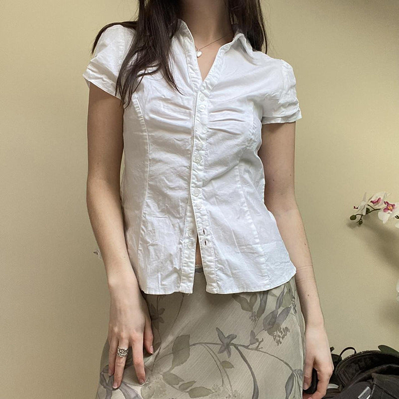 Summer Women's Pleated Casual Breasted Solid Color Back Lace-up Short Sleeve Shirt
