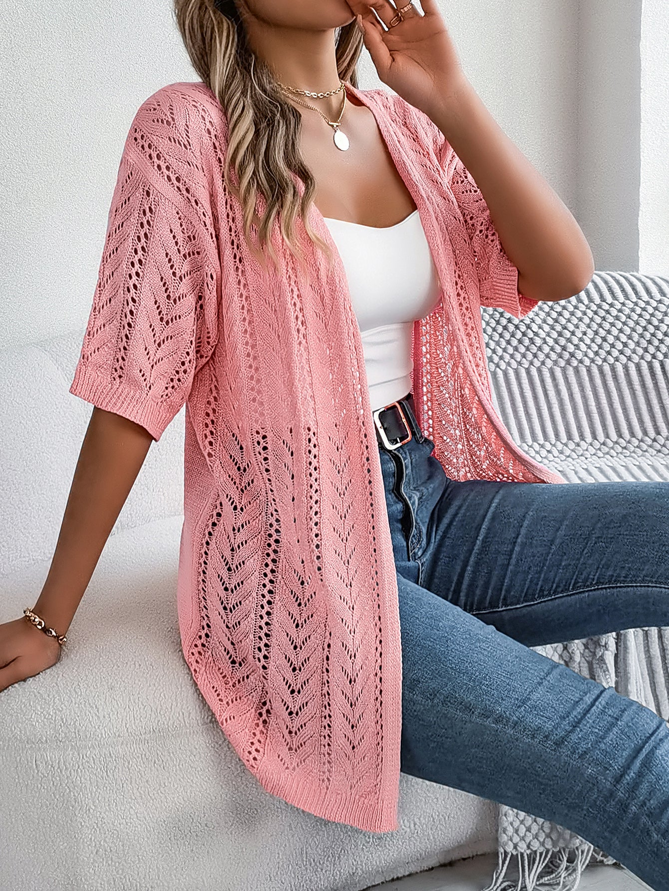 Women S Solid Color Hollow Out Short Sleeve Knit Cardigan Cover-Up