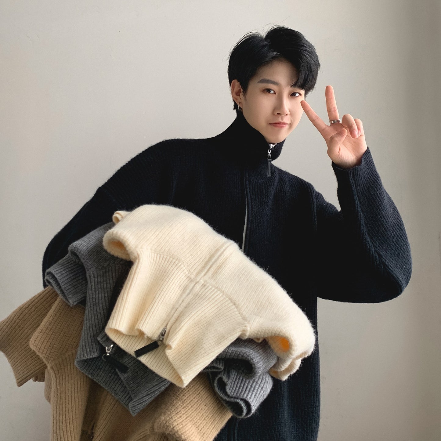 Men's Thick Solid Color Turtleneck Zipper Knitwear Cardigan Sweater
