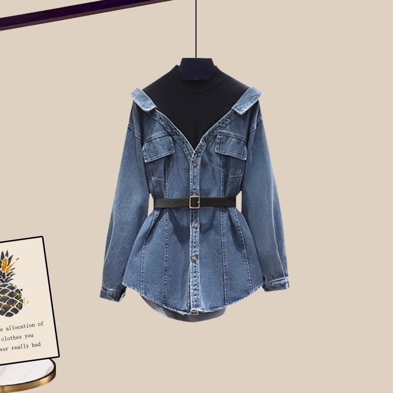 Women's Fashion Waist-Cinching Fake Two-Piece Long Sleeve Denim Jacket
