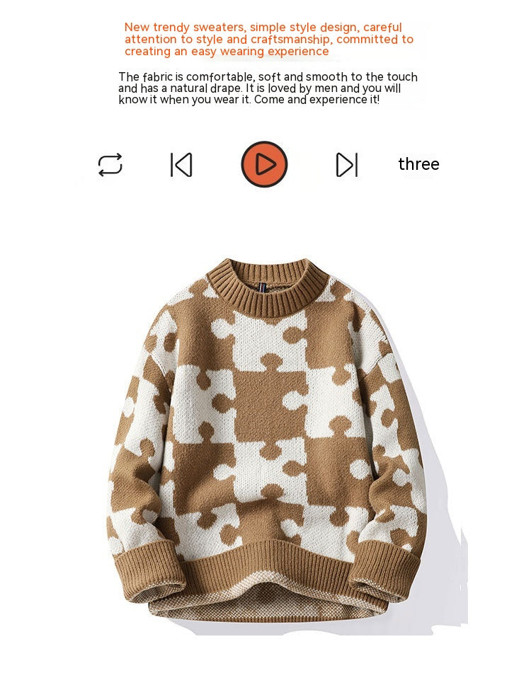 Løs sweater i koreansk stil med fransk rund hals og kontrastfarvede syninger