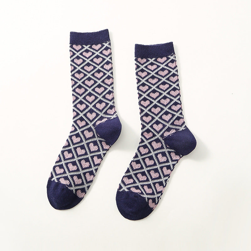 Autumn And Winter New Vintage Floral Women's Socks Rhombic Love Double Needle Cotton Socks Thermal Middle Tube Socks