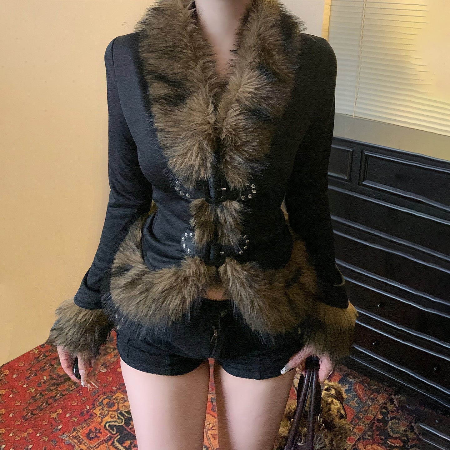 Retro Fuzzy Patchwork Leather-Button Cinched Waist Cardigan