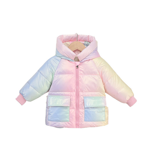 Girls' Down Jacket Thickened Autumn Rainbow Shiny Coat