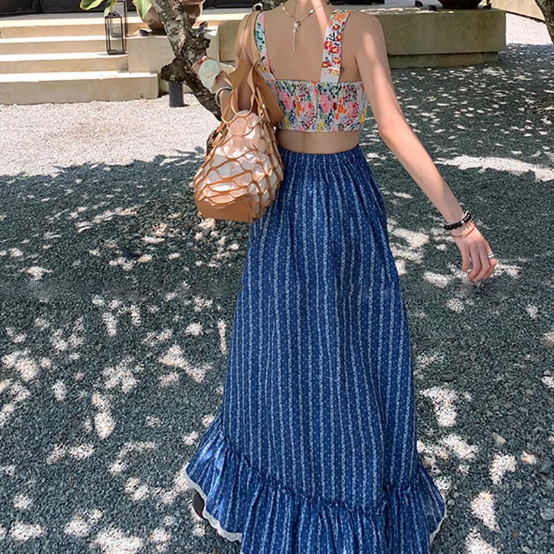 Blue And White Striped Skirt High Waist Slimming