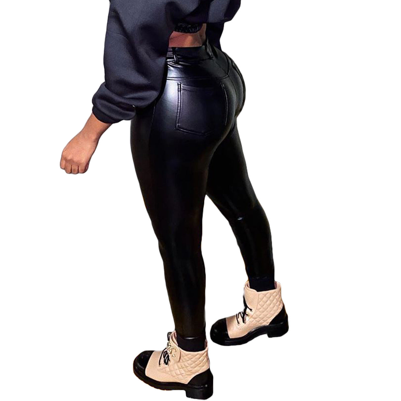 Lace Zipper Leather Pants PU Leather Slim Skinny High Waist Stretch