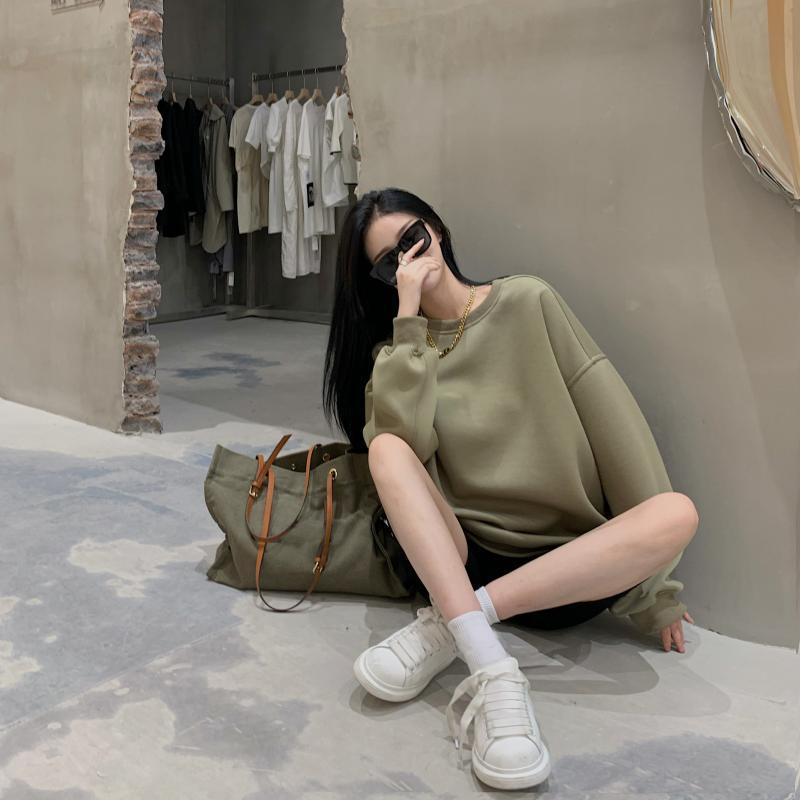 Women's Loose Green Long Sleeve Round Neck Top