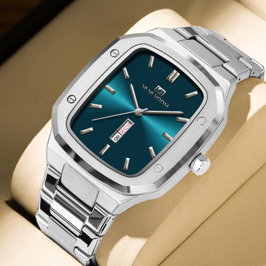 Business Rectangular Creative Dual-Date Steel-Strap Mens Watch