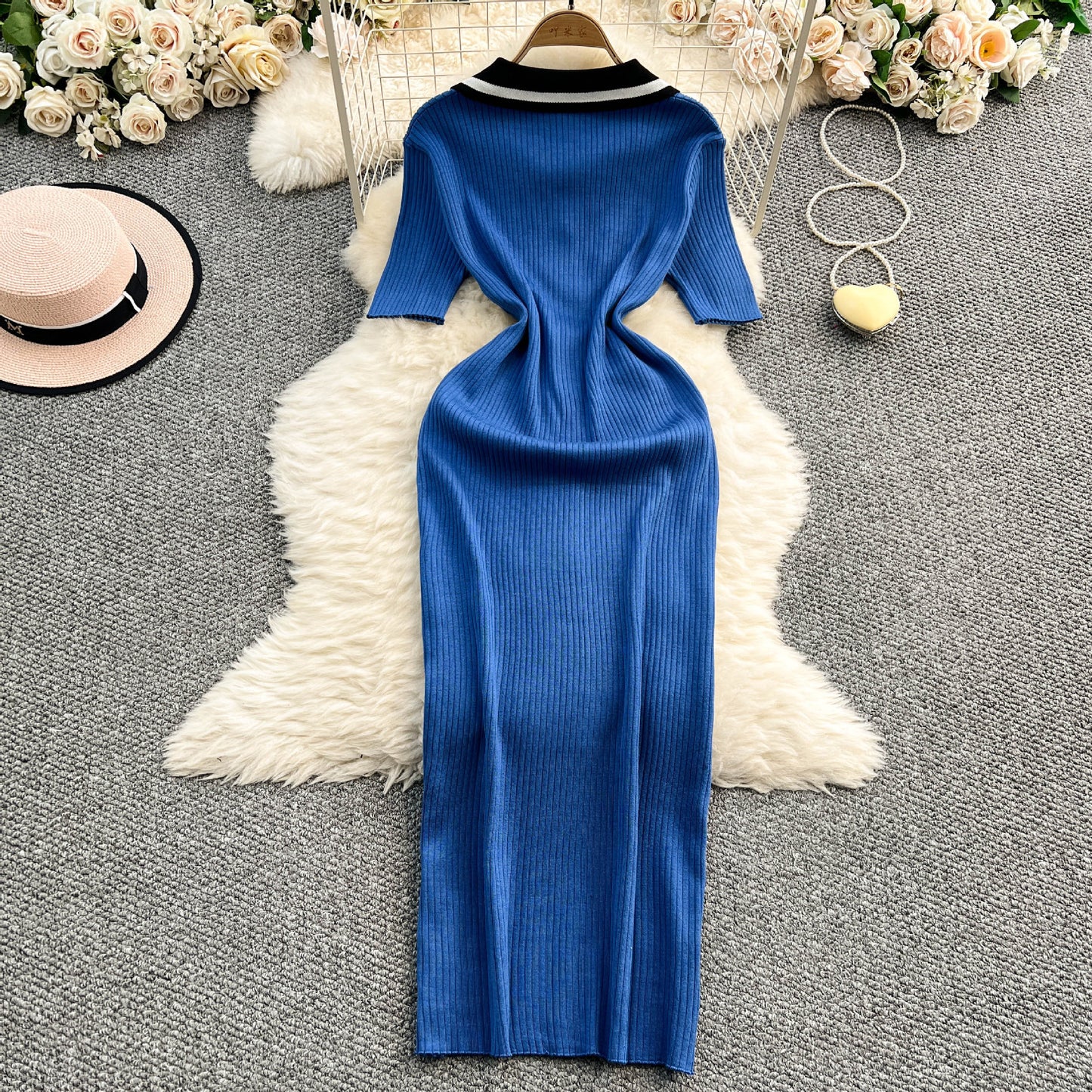 Womens Embroidered Defined-Waist Knitted Dress