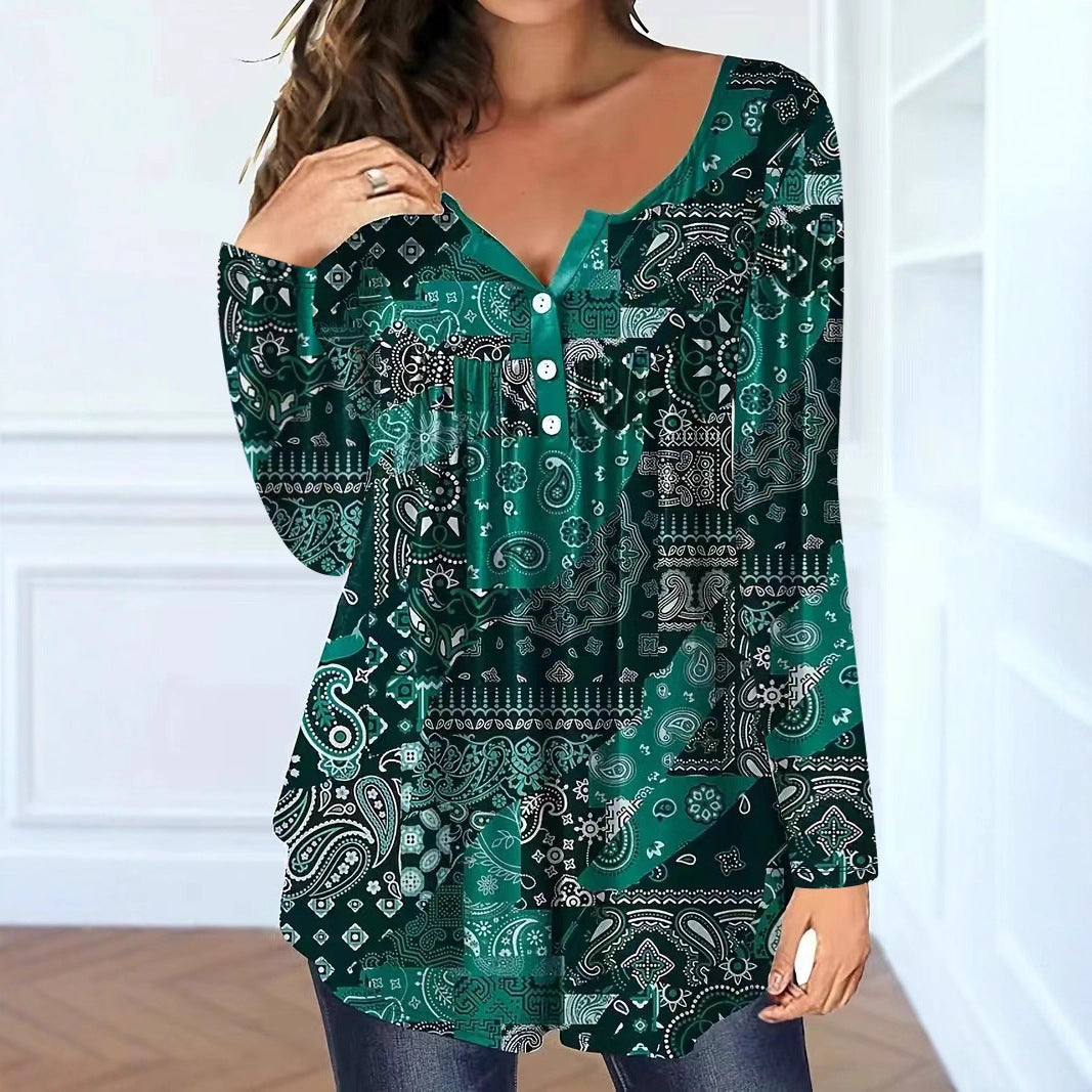 Paisley Mønster Elegant Løs Knap V-hals Top Dame T-shirt