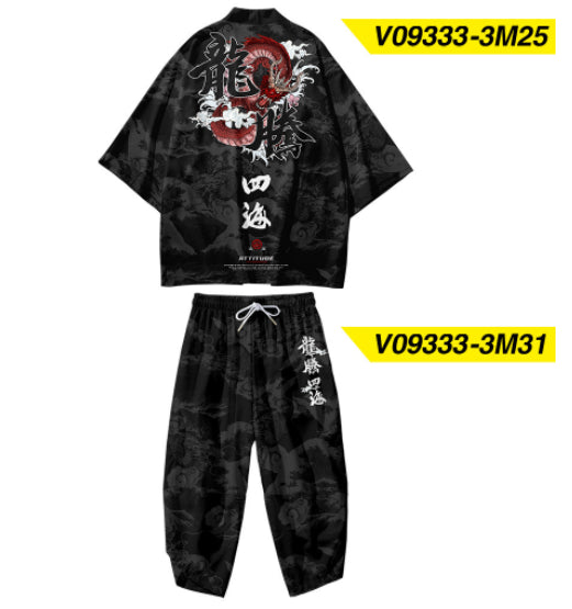 Leisure Feather Weaving Daopao Kimono Capris Large Casual Set