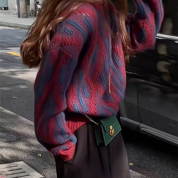Rhombus Contrast Color Pullover Heavy Industry Sweater For Women