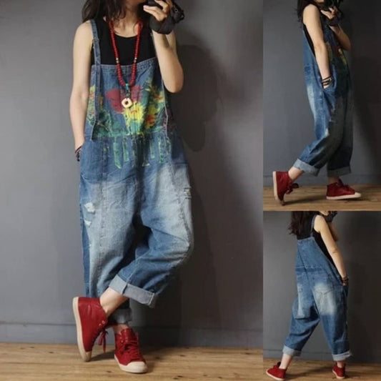 Women's Spring And Summer New Retro Print Denim Overalls
