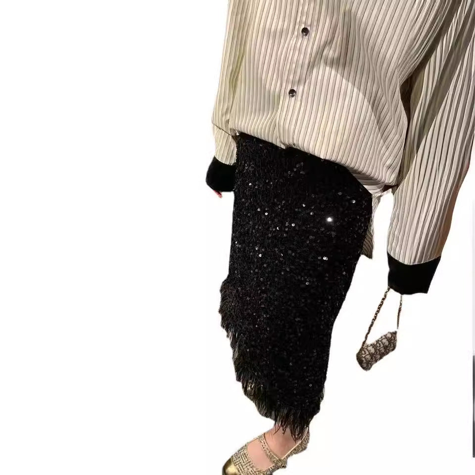 Fashion Women's Velvet Feather Tassel Long Dress