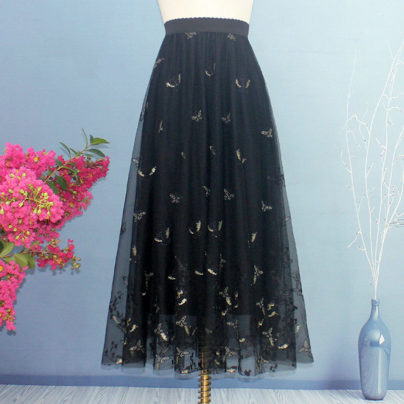 Drape Butterfly Embroidered Gauze Skirt