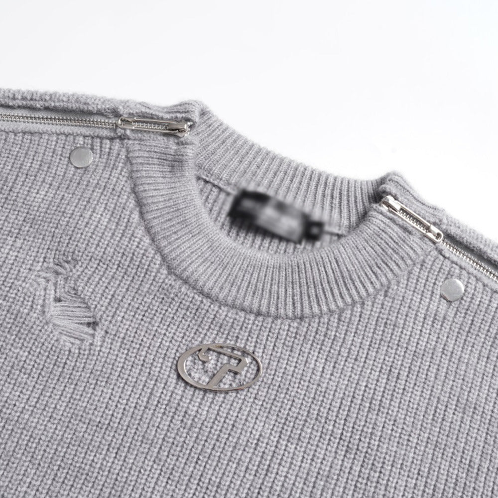 Design Sense Zipped Round Neck Solid Color Casual Sweater
