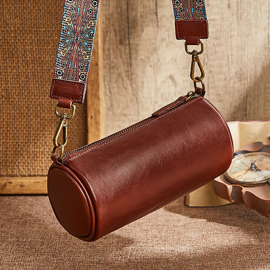 Top Layer Cowhide Leather Single-shoulder Bag Wide Shoulder Strap Round Bag
