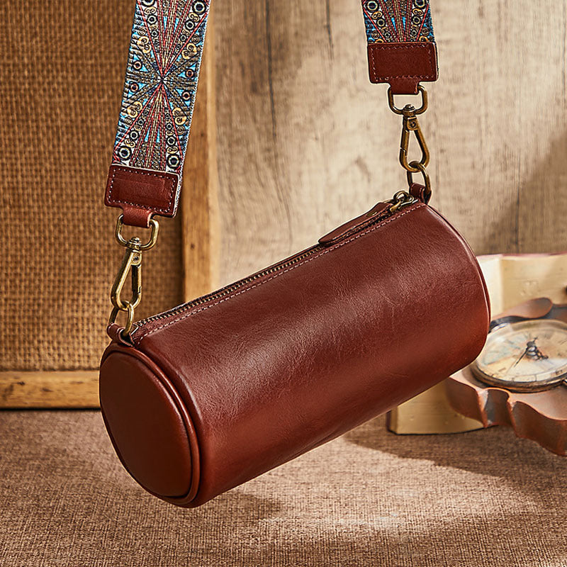 Top Layer Cowhide Leather Single-shoulder Bag Wide Shoulder Strap Round Bag