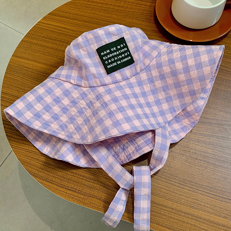 Tie-neck Plaid Bucket Hat Women's Summer Japanese Retro