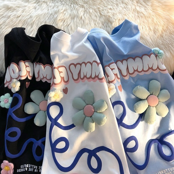 Women's Floral Letter Foam Print Short Sleeve T-shirt