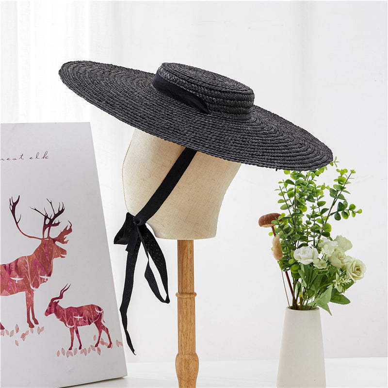 Flat Top Big Brim Streamer Tied Rope Straw Hat Beach