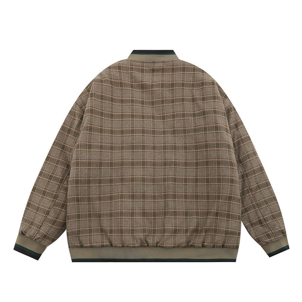 American Retro Plaid Baseball Stand Collar Coat Cotton-padded Jacket