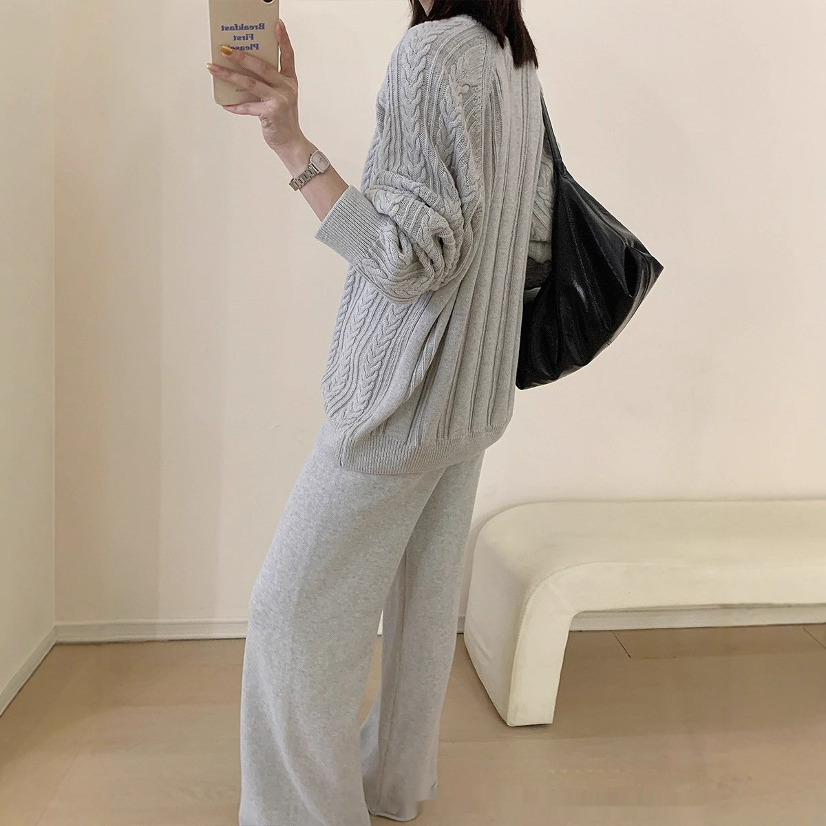 Round Neck Knitted Long Sleeve Vertical Stripe Twist Loose All-matching Top Soft Trousers
