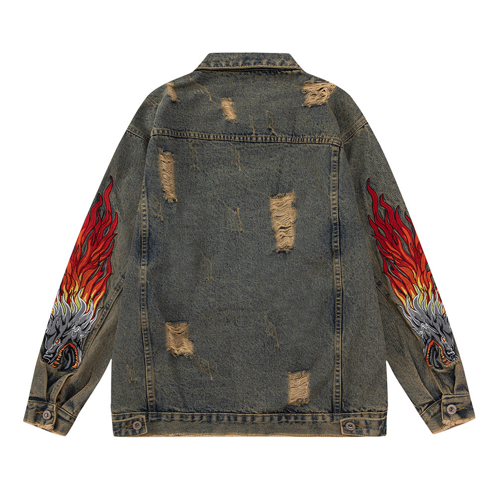 Faucet Zodiac Needle Embroidery Denim Jacket Men's High Street National Fashion Design Sense Ripped Jacket