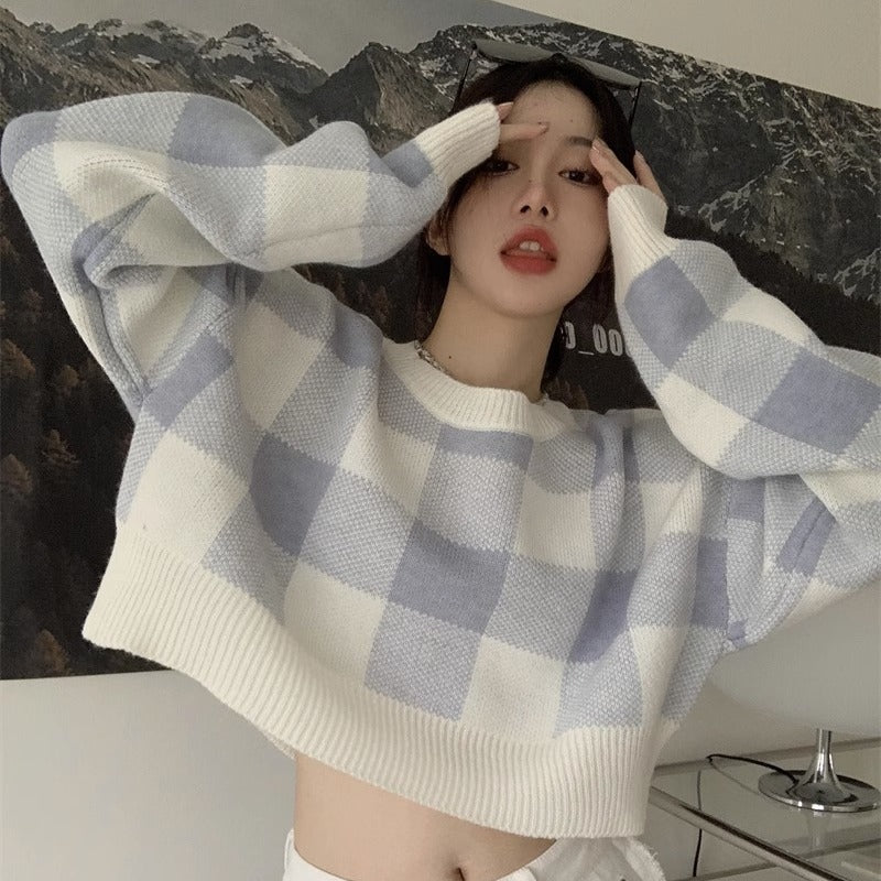 Dame, sød, alsidig kort sweater med tern