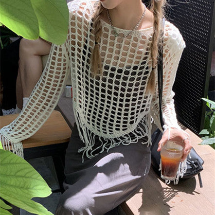 White Cropped Blouse With Fringed Top