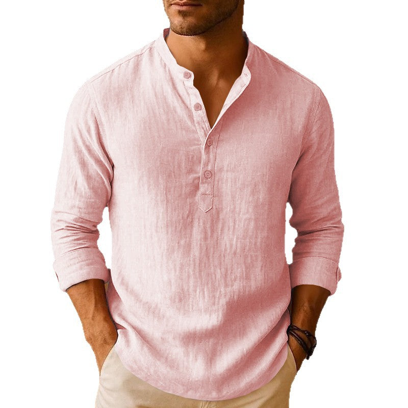 Springautumn New Men's Linen Casual Breathable Stand-collar Long-sleeve Shirt