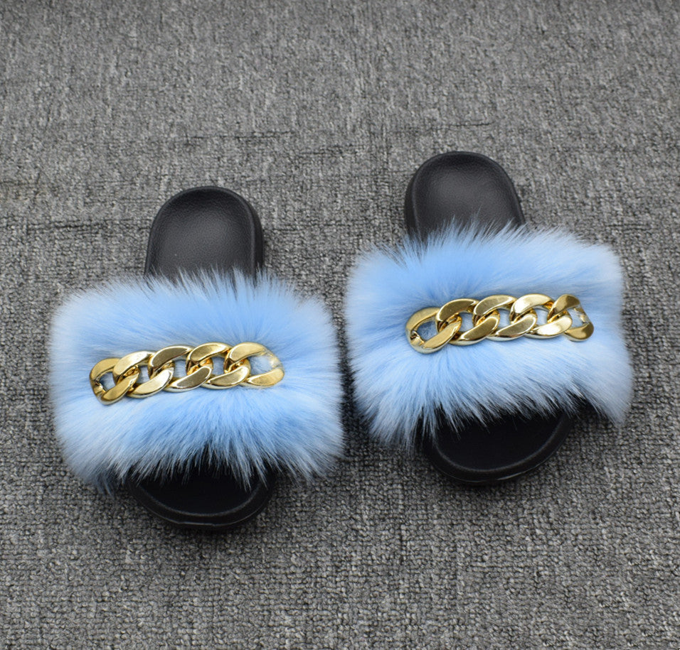 Fur Fur Slippers Chain Faux Fur Flip Flops