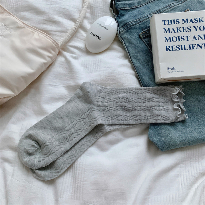 Thin Mesh Solid Color Hollow Wooden Ear Mid-calf Length Loose Socks Breathable Sweat Absorbing