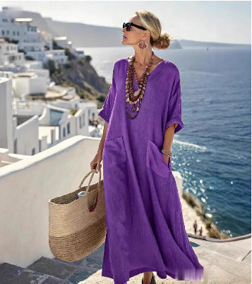 Womens 3D Digital Print V-Neck Three-Quarter Sleeve Dress