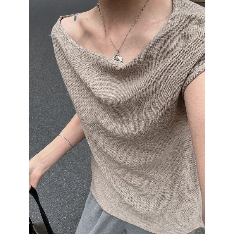 Wool Linen 3D Cutting One-word Shoulder Small Blouse Short Sleeve
