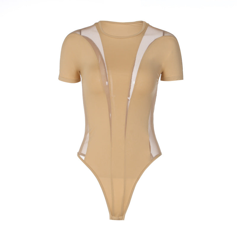 Mesh Stitching Body Shaping Round Neck Short Sleeve Rompers