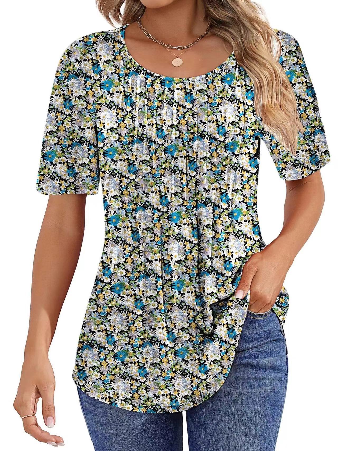 Round Neck Pleated Printed T-shirt