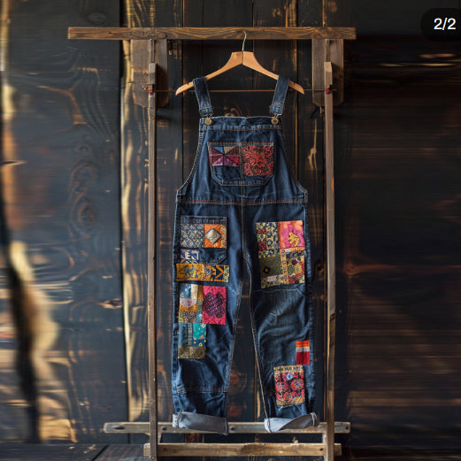 Vintage Patchwork Geometrisk Kunstprint Jeans Jumpsuit