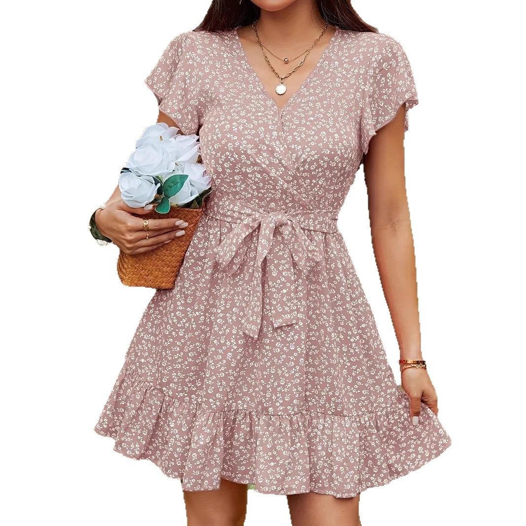 French-style High-waisted Floral-print Lace-up V-neck Short-sleeve Dress