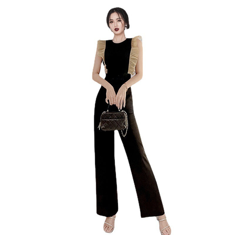 Women's High Waist Slim Wood Ear Stitching Wide Leg Pants