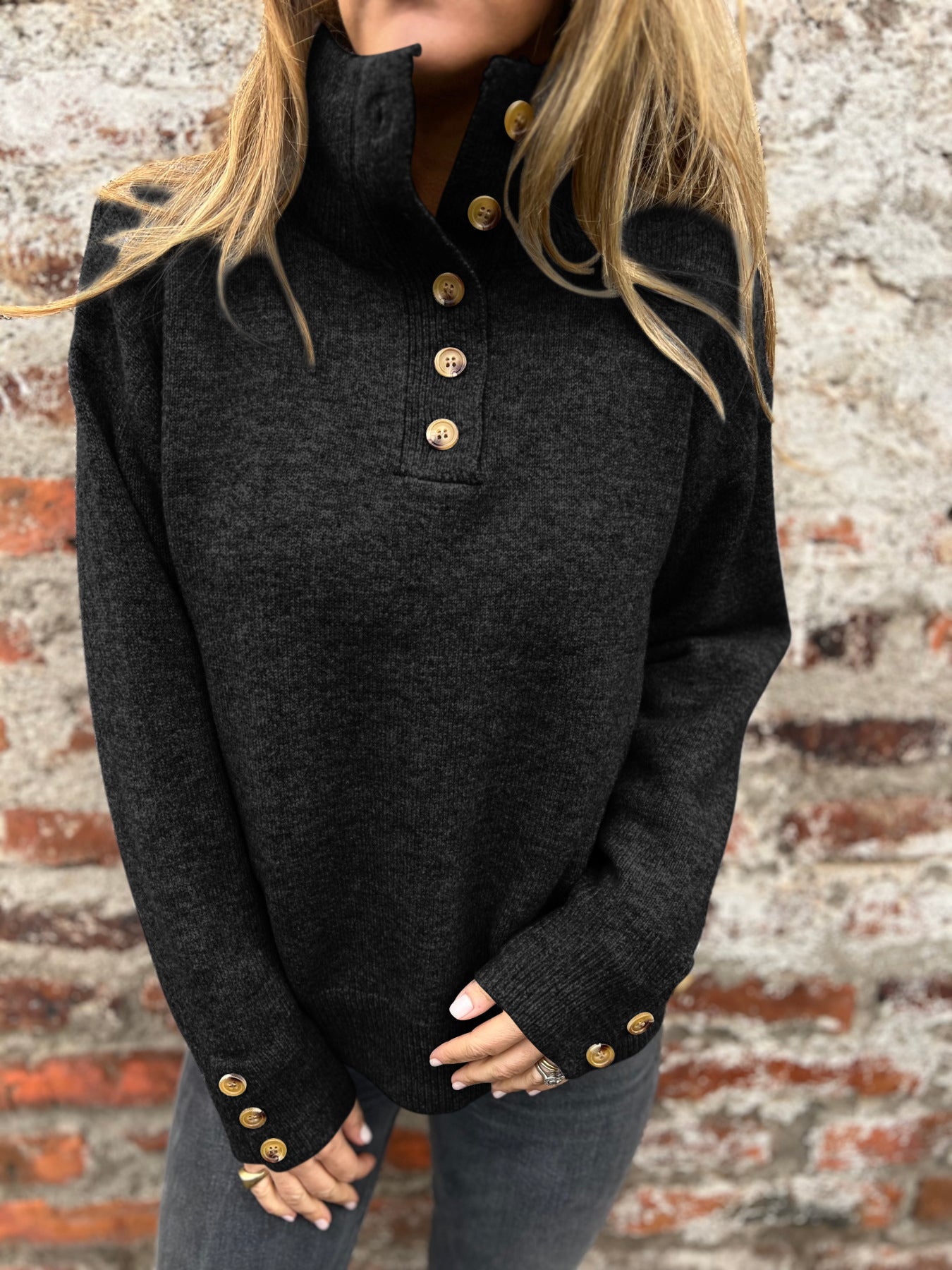 Stand Collar Buttons Casual Loose Sweater